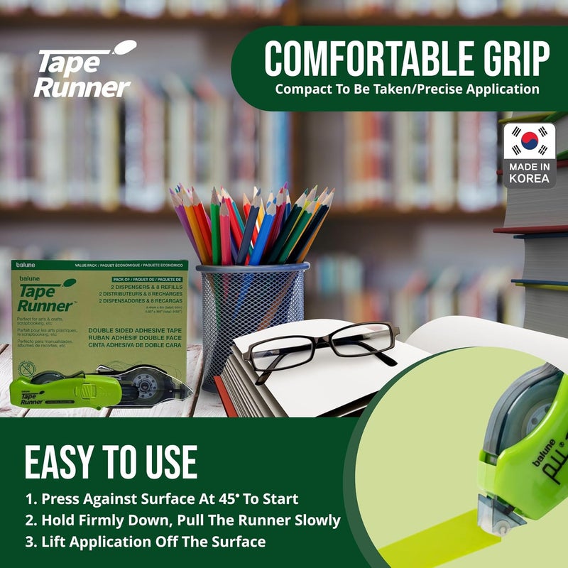 TAPE RUNNER Double Sided Tape with Retractable Dispenser Roller - Permanent, Acid Free, Transparent - 2 Runners & 8 Refill Cartridges - Ideal Scrapbook Supplies & Scrapbooking Supplies Kit - 315 Inches Each - Image 3